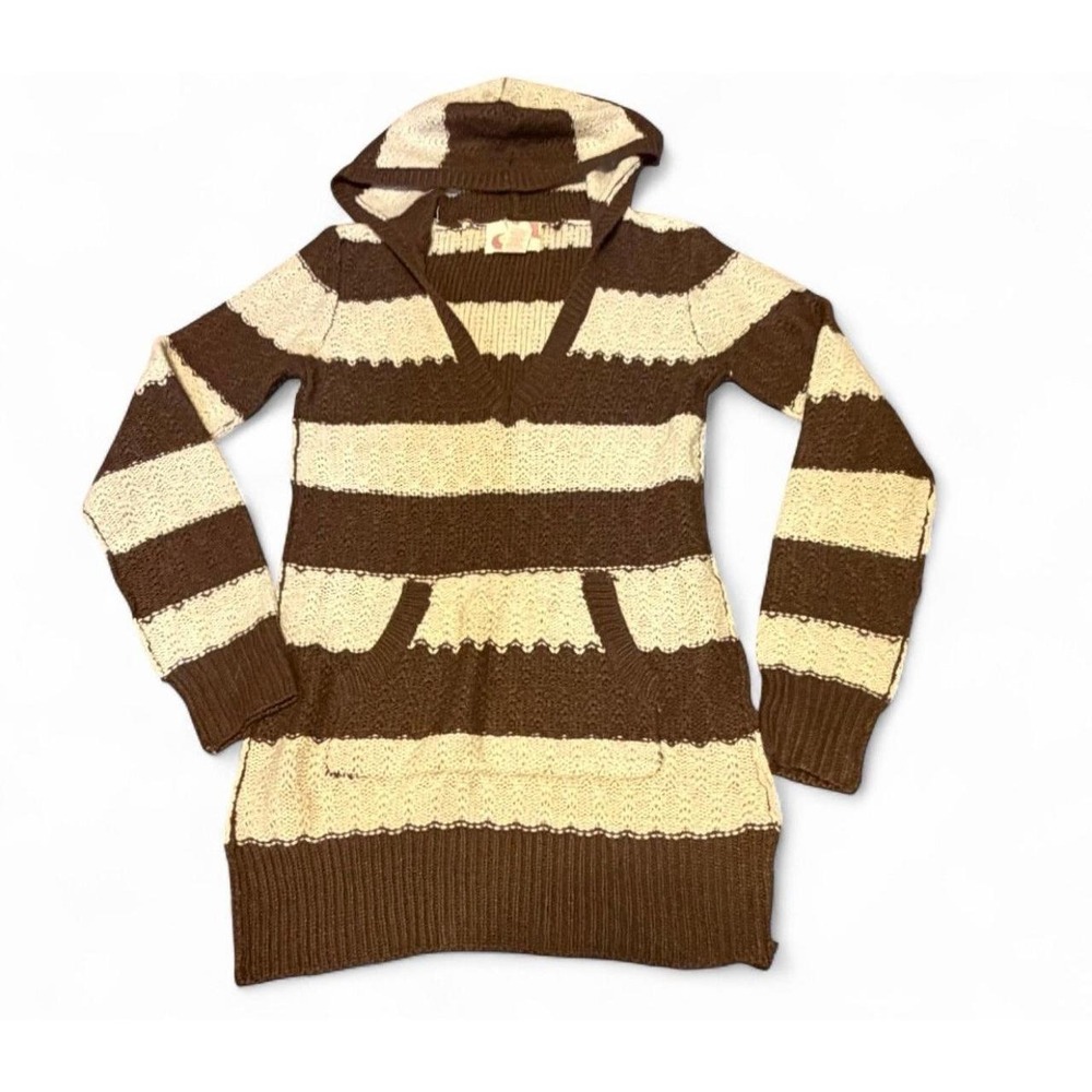 OP Ocean Pacific Womens XL Brown Cream Striped Hooded Sweater Y2K Crochet Knit